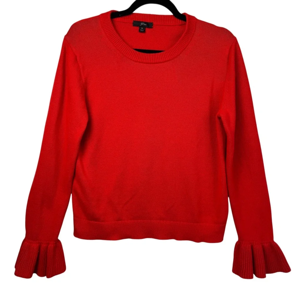 J. Crew Sweater M Red Cotton‎ Ruffle Cuff Long Sleeve Crew Neck